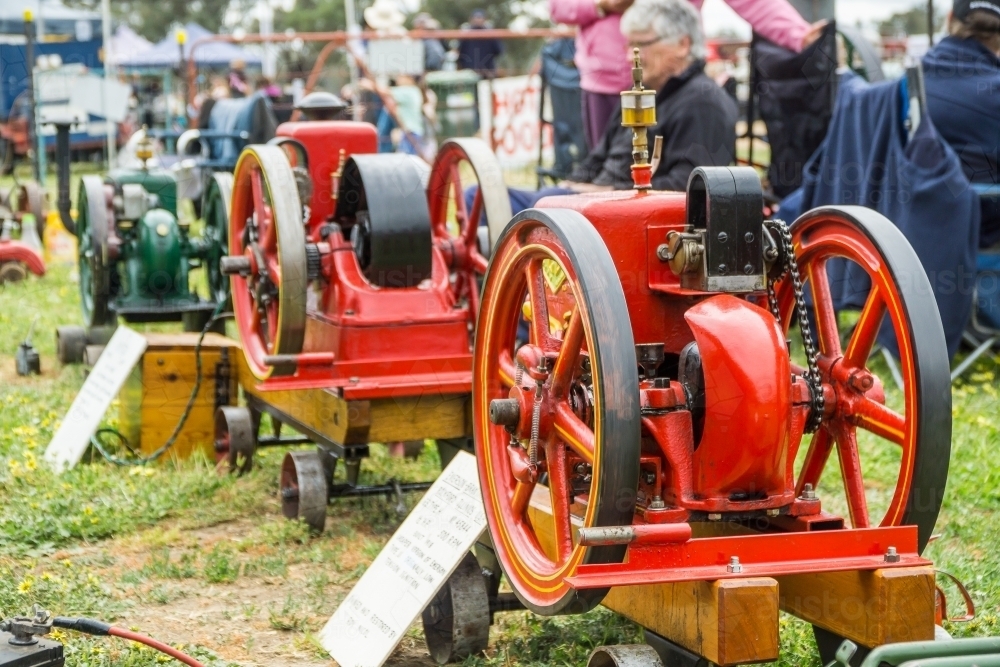Image of A row of colourful antique traction engines on display ...