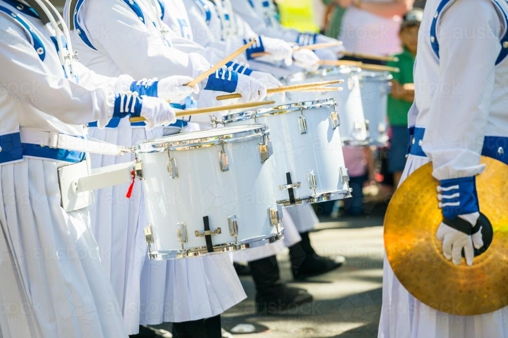 A row of drummers in a marching band - Australian Stock Image