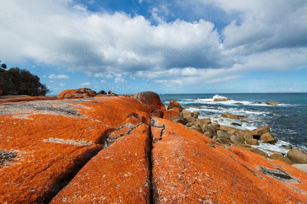 A rugged coastal scene orange, red lichen covered rocks and leading lines. - Australian Stock Image