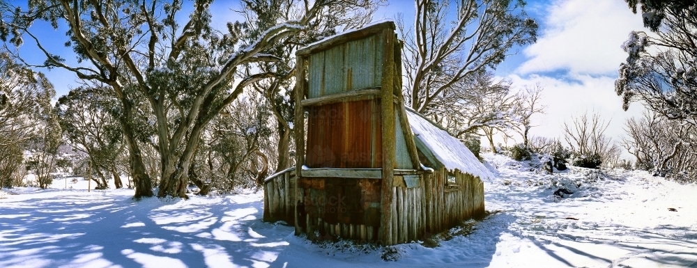 A rustic mountain hut surrounded by mountain gum,s in the snow - Australian Stock Image