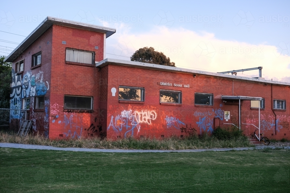 A scout hall covered in graffiti - Australian Stock Image