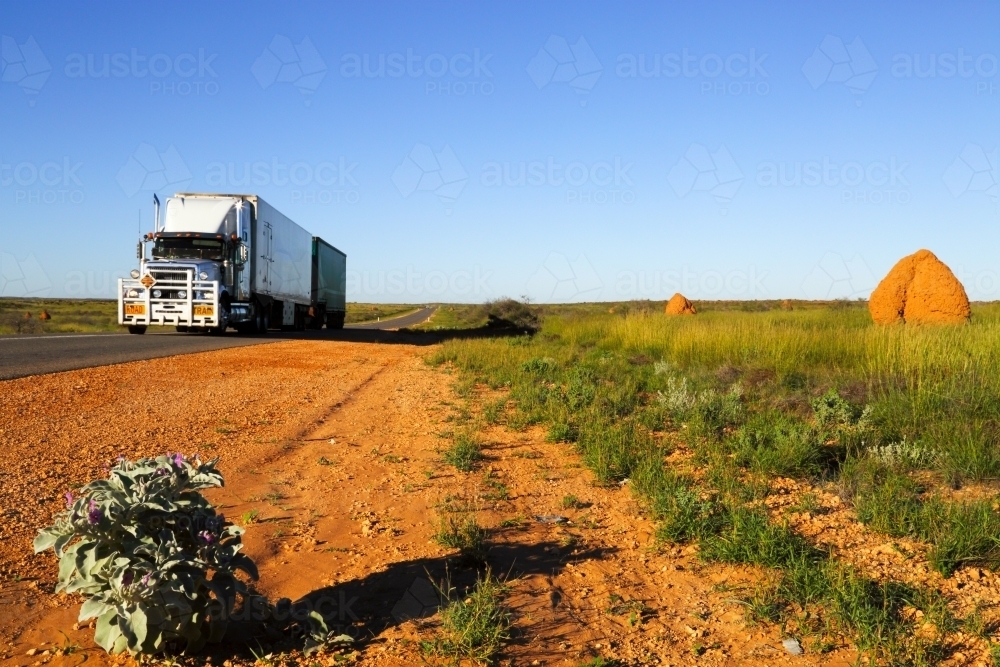 A semi trailer driving on bitumen road past a termite mound - Australian Stock Image