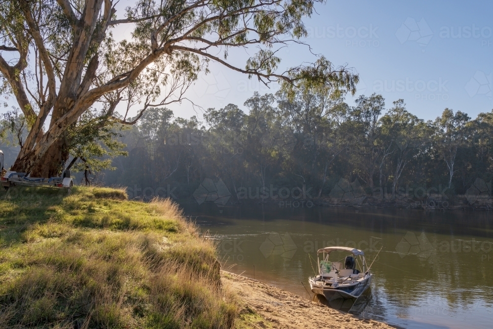 A small boat anchored on the side of a river with sunshine breaking through an overhanging gum tree - Australian Stock Image