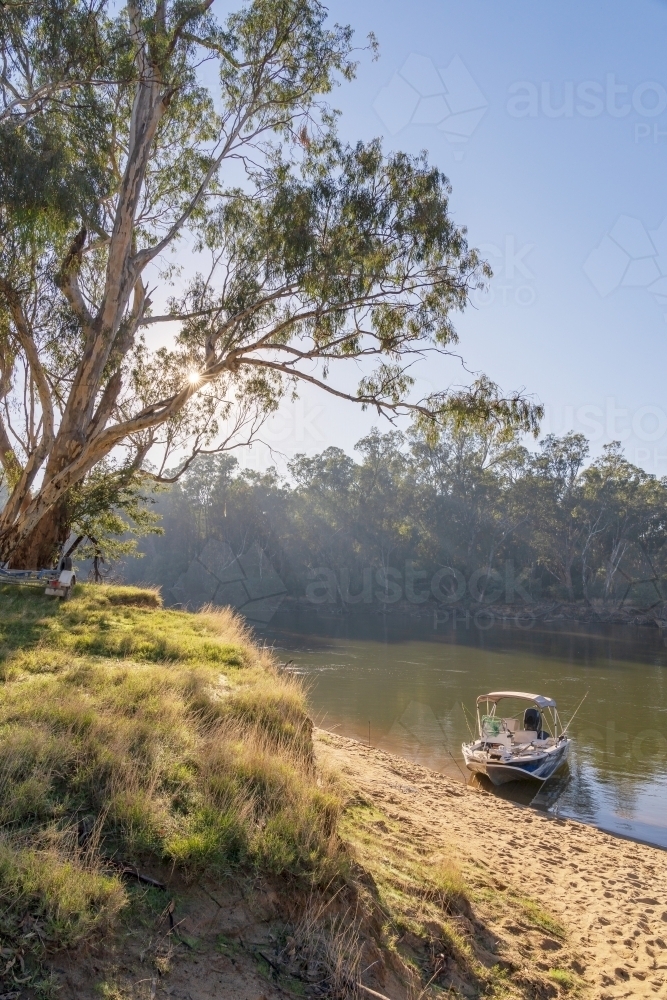 A small boat anchored on the side of a river with sunshine breaking through an overhanging gum tree - Australian Stock Image