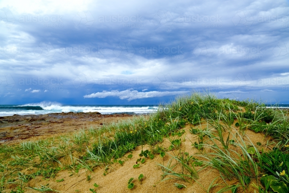 A stormy sky over the dunes and ocean at Sandon Point, Bulli, NSW - Australian Stock Image
