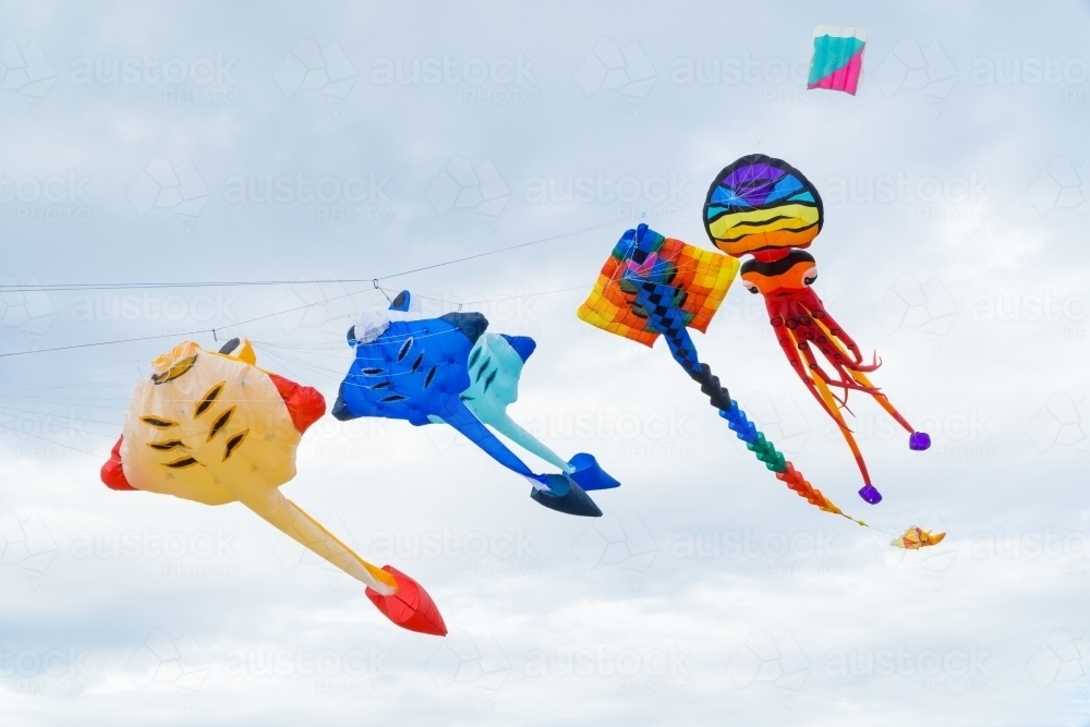 A string of colourful kites flying in the sky - Australian Stock Image