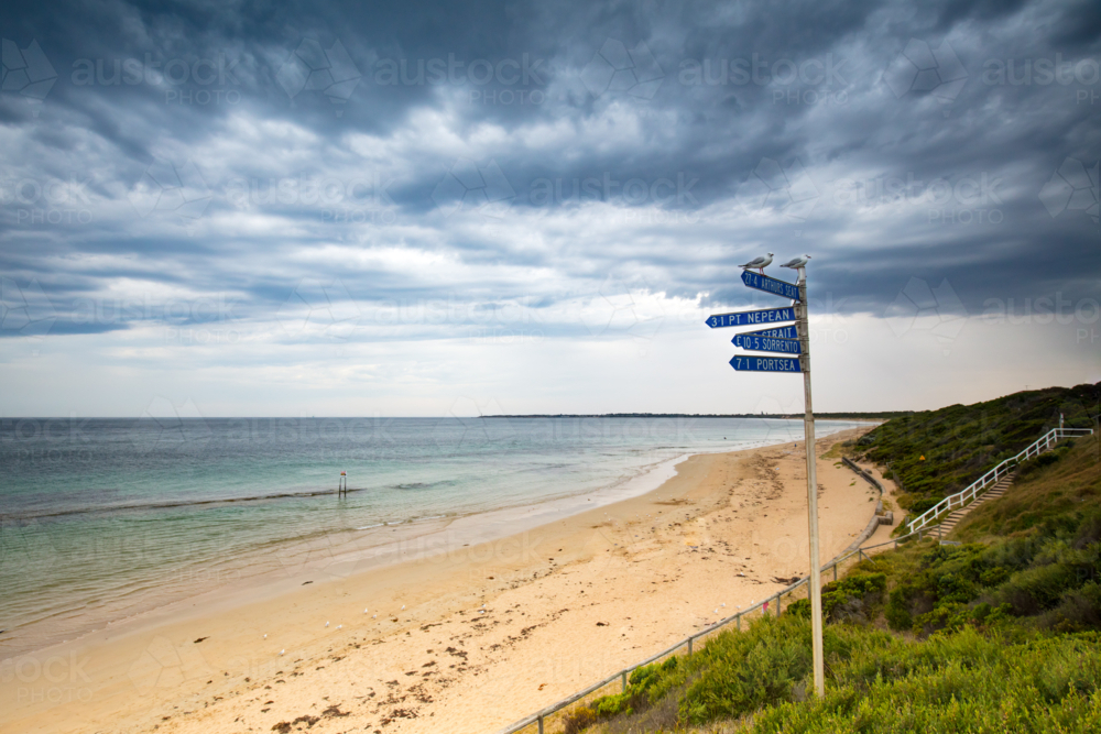 A sudden summer storm looms over Bass Straight and Port Philip Bay from the Bellarine Peninsula - Australian Stock Image