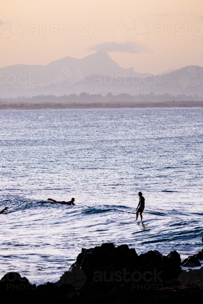 A surfer at dusk riding a small wave with Mount Warning in the distant background. - Australian Stock Image