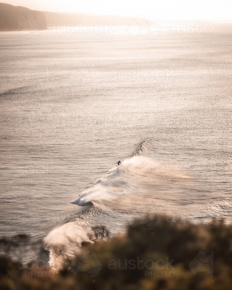 A surfer riding the gentle waves rolling towards the shore - Australian Stock Image