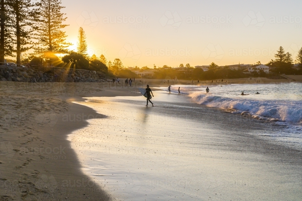 A surfer walking out of the waves at sunset on a beach - Australian Stock Image