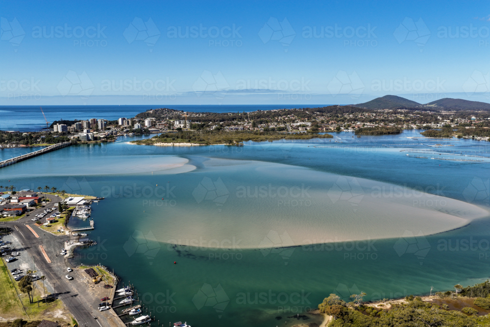 A sweeping aerial view of Wallis Lake and the town of Forster - Australian Stock Image