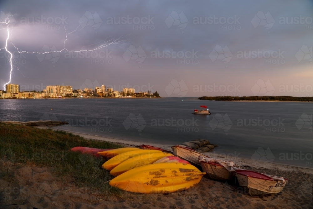 A thunderstorm and lightning over Caloundra on the Sunshine Coast of Queensland - Australian Stock Image