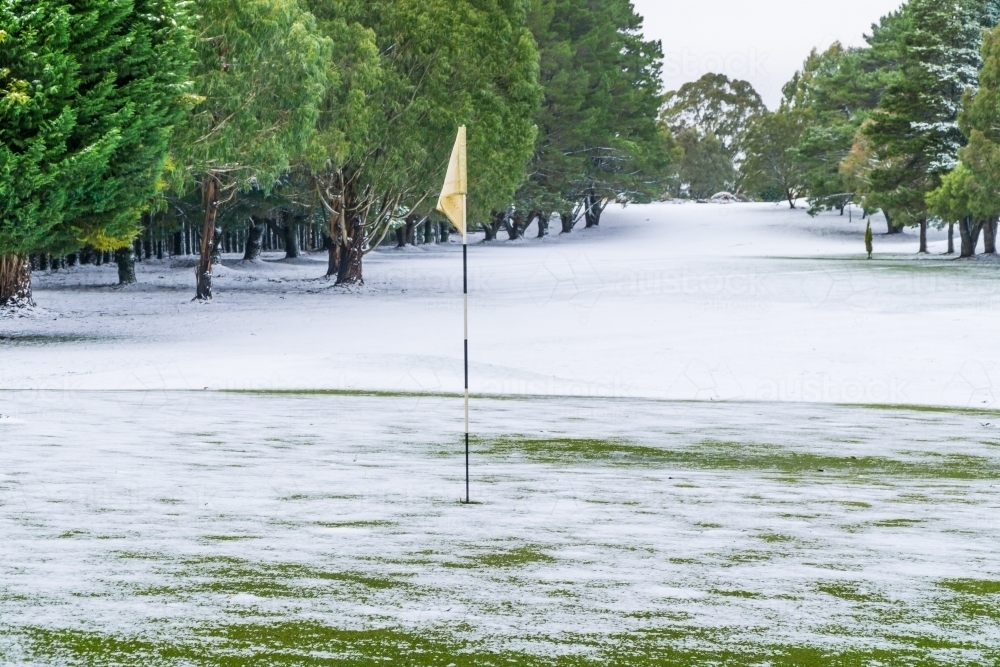 A tree lined golf course hole cover in snow - Australian Stock Image