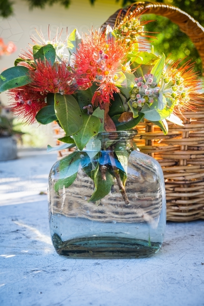 A vase of bright red fresh picked New Zealand Christmas Bush on a table outside - Australian Stock Image