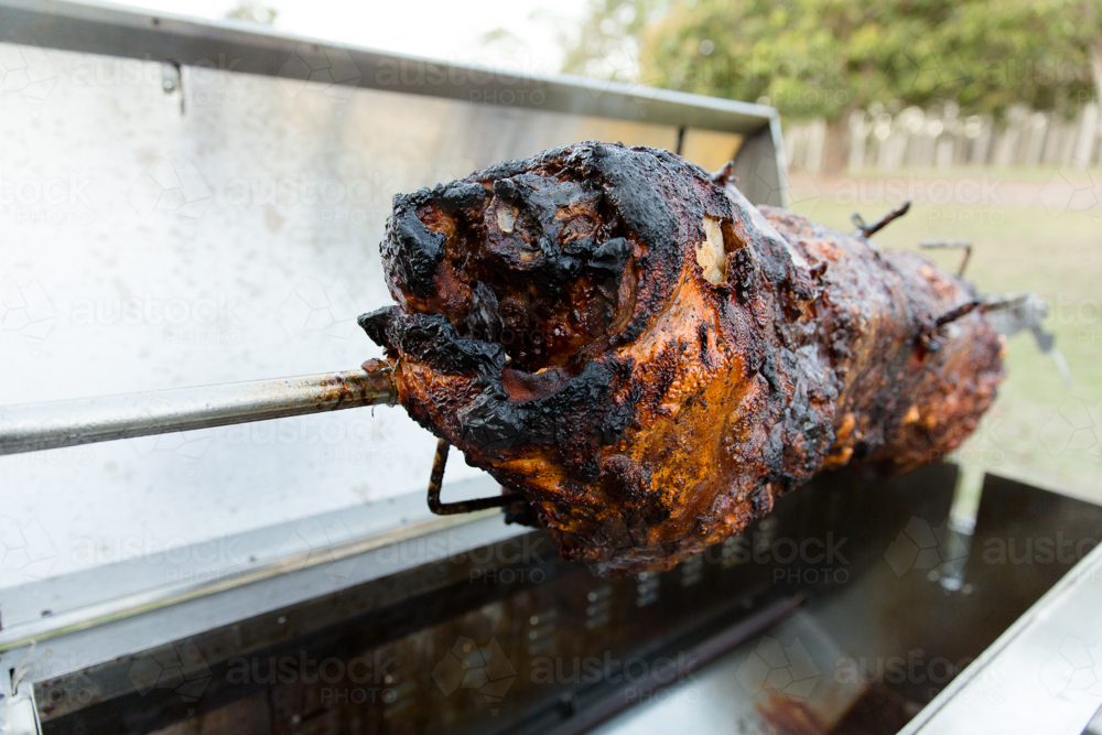 Image of a whole animal cooking on a spit roast - Austockphoto