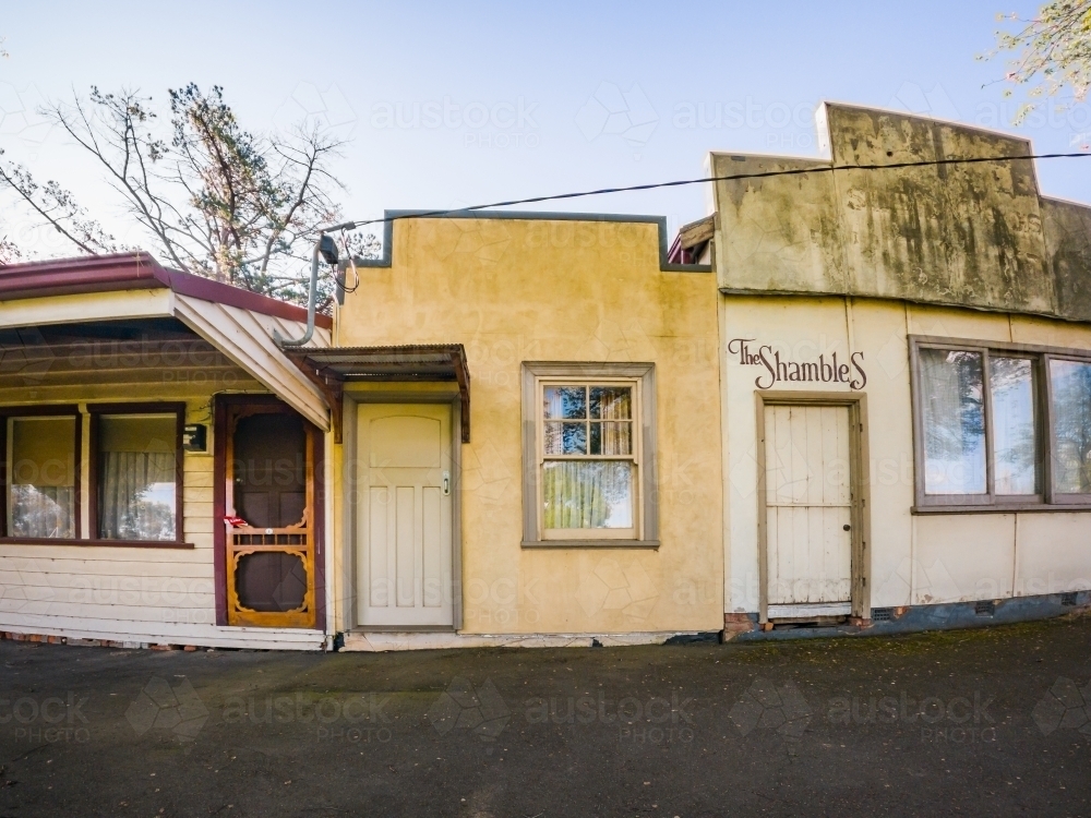 A wide angle view of old shop fronts in a country town - Australian Stock Image