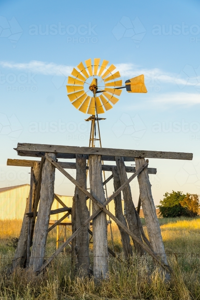 A windmill and old wooden tank stand in a paddock. - Australian Stock Image