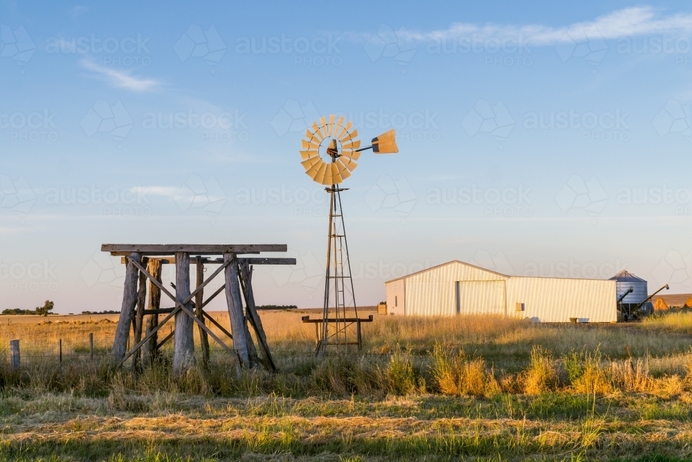 A windmill and old wooden tank stand in a paddock near a farmers shed - Australian Stock Image