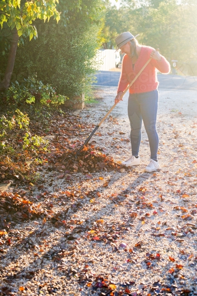 Image of A woman in a colourful jumper raking up leaves and casting