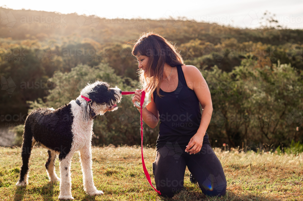 A woman kneels to interact with two playful dogs while enjoying a sunny day outdoors - Australian Stock Image
