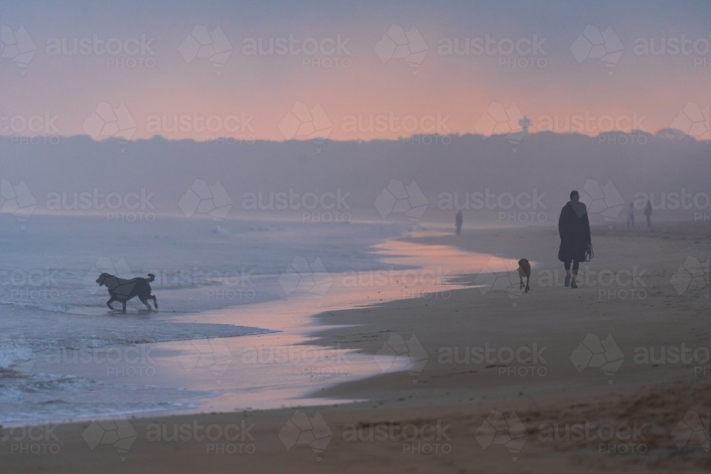 A woman walking with her dog on a foggy beach at sunset - Australian Stock Image