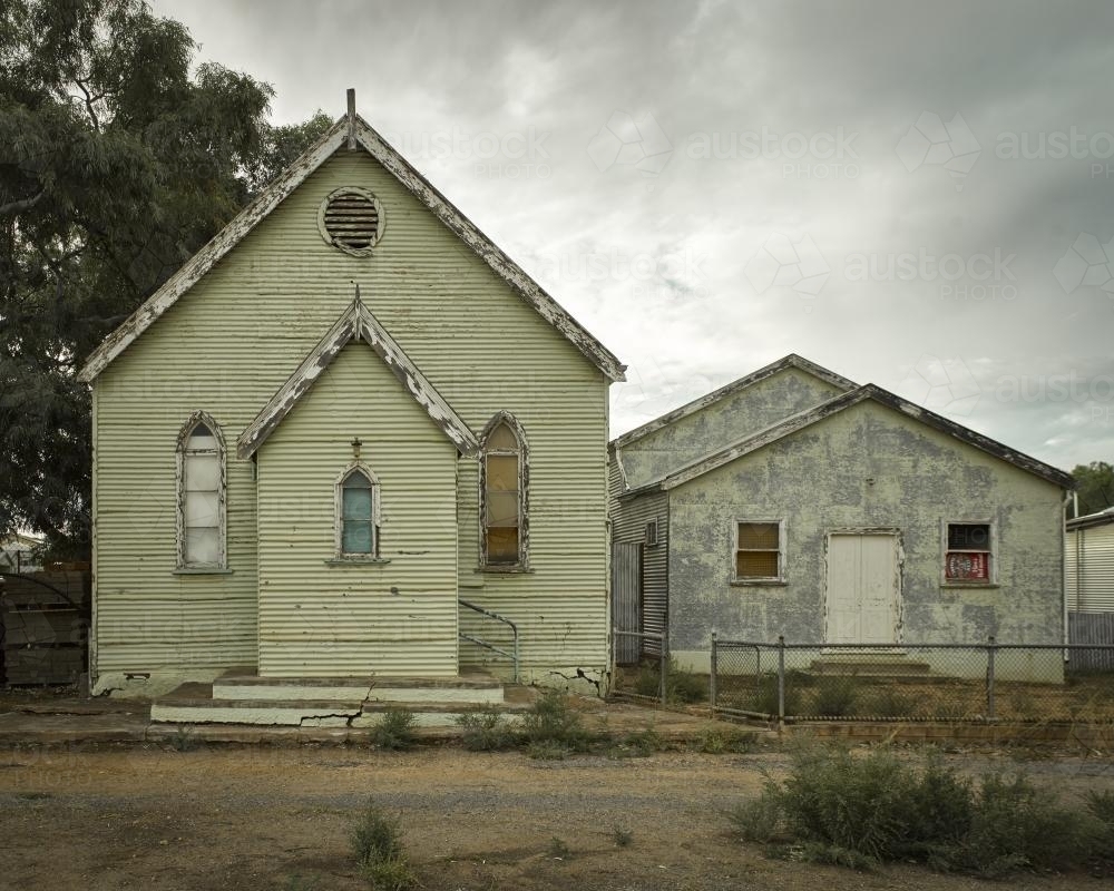 Abandoned country church and hall - Australian Stock Image