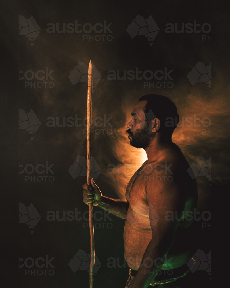 Aboriginal Male portrait posing with spear - Australian Stock Image