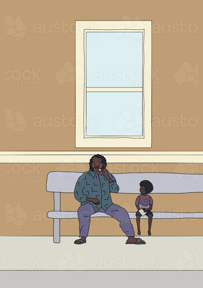 Aboriginal man and boy sharing chips on street bench - Australian Stock Image