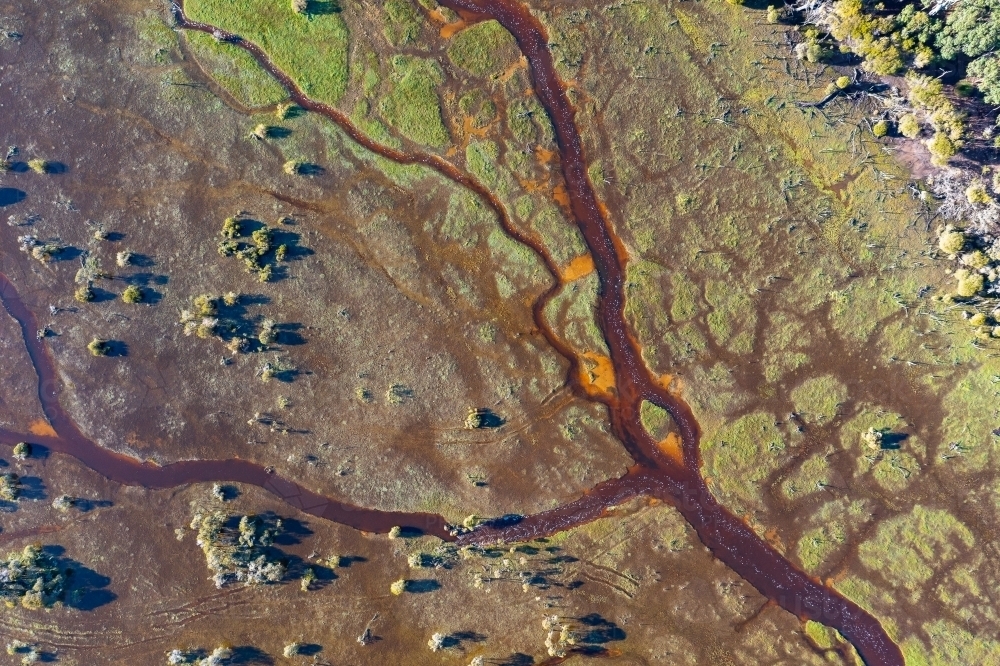 abstract aerial view of creek line meandering through swampy landscape - Australian Stock Image