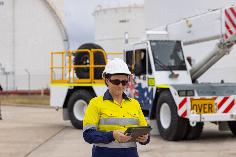 adult woman in reflective clothing holding a tablet on worksite by crane - Australian Stock Image