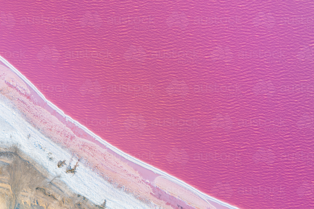 Aerial abstract of vivid pink lake shoreline with white salt formations - Australian Stock Image