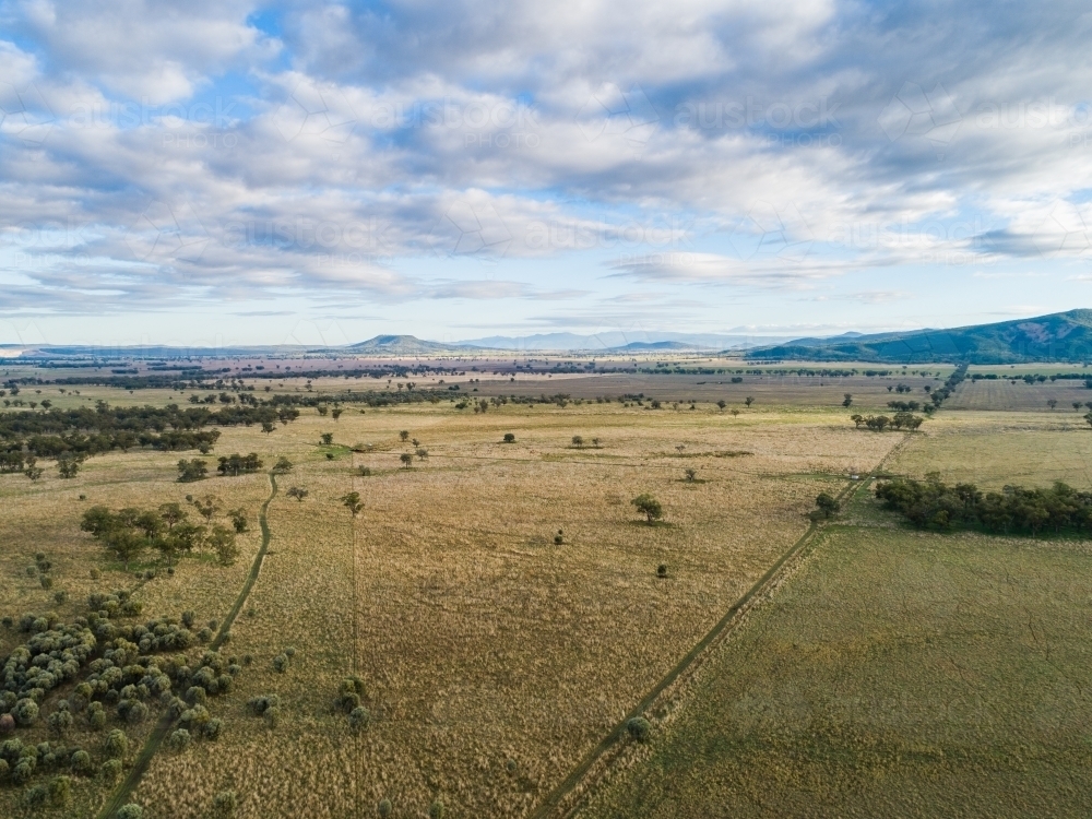 Aerial Australian farm landscape of pastoral paddocks stretching to horizon - Australian Stock Image