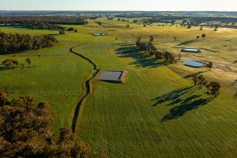 aerial country scene with fields and dams and trees - Australian Stock Image