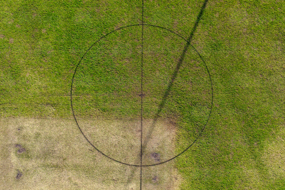 Aerial drone view directly above sports playing field at Maitland Park Sportsground. - Australian Stock Image