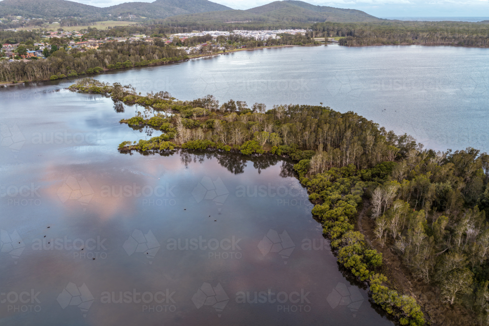 Aerial drone view of a small tree covered island surrounded by the calm waters of Wallis Lake. - Australian Stock Image