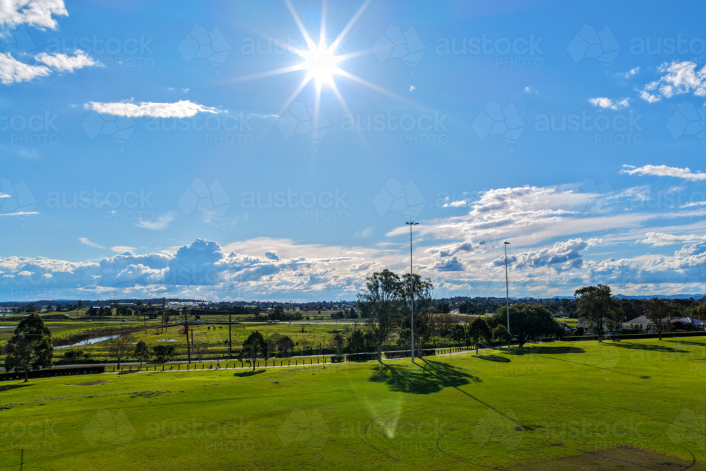 Aerial drone view of rural farmland and sporting fields in Maitland, New South Wales, Australia. - Australian Stock Image