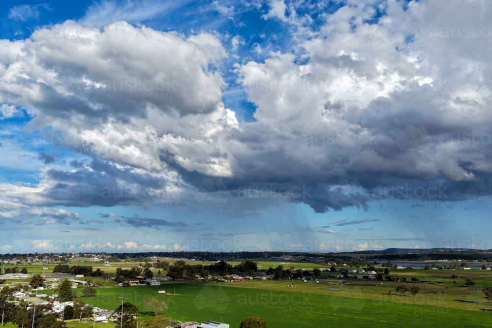 Aerial drone view of rural farmland in Maitland, New South Wales, Australia showing agriculture - Australian Stock Image