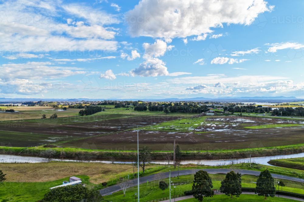 Aerial drone view of rural farmland in Maitland, New South Wales, Australia showing agriculture - Australian Stock Image