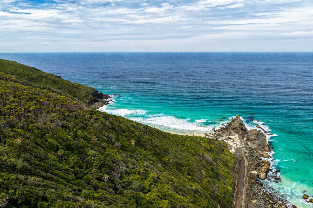 Aerial drone view of Sharkies Beach in Forster, New South Wales, Australia. - Australian Stock Image