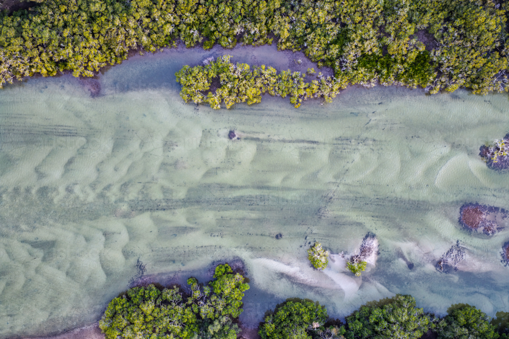 Aerial image capturing a river in Tuncurry at low tide, revealing intricate natural patterns - Australian Stock Image