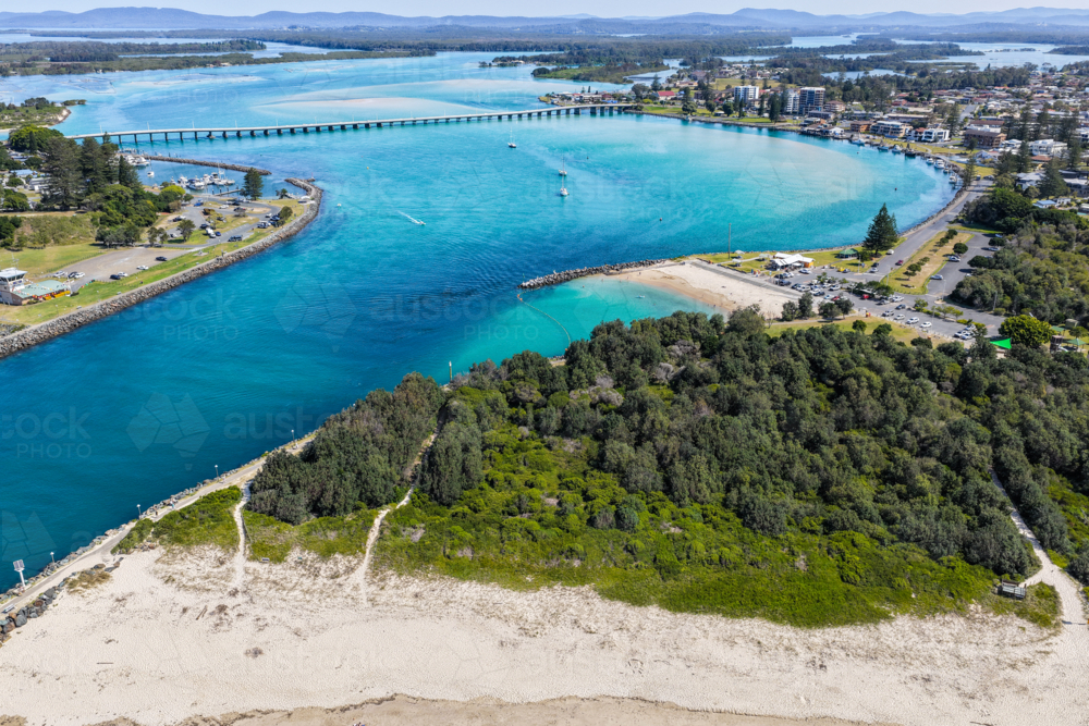 Aerial image capturing the Wallis Lake channel between Forster and Tuncurry - Australian Stock Image
