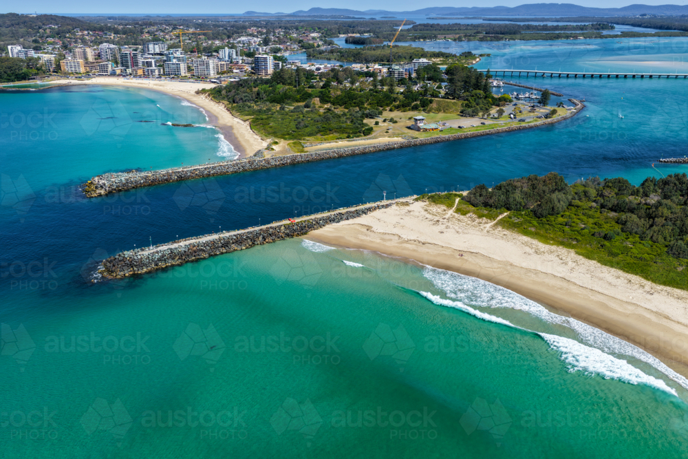 Aerial image capturing the Wallis Lake channel between Forster and Tuncurry - Australian Stock Image