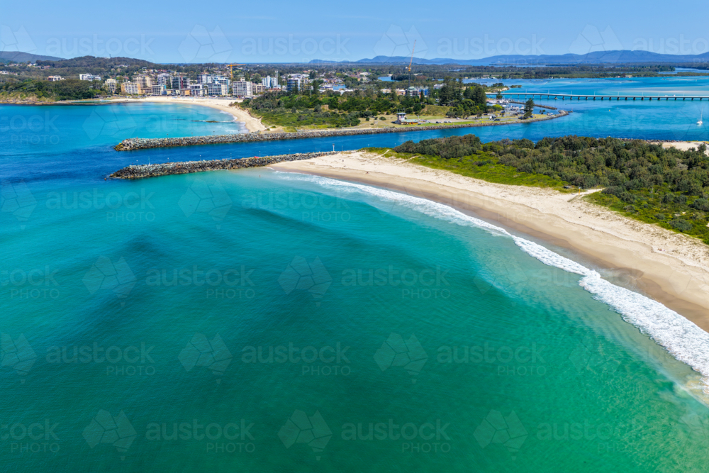 Aerial image capturing the Wallis Lake channel between Forster and Tuncurry - Australian Stock Image