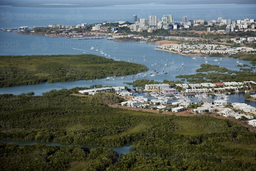 Aerial image looking over bushland towards harbour and city - Australian Stock Image