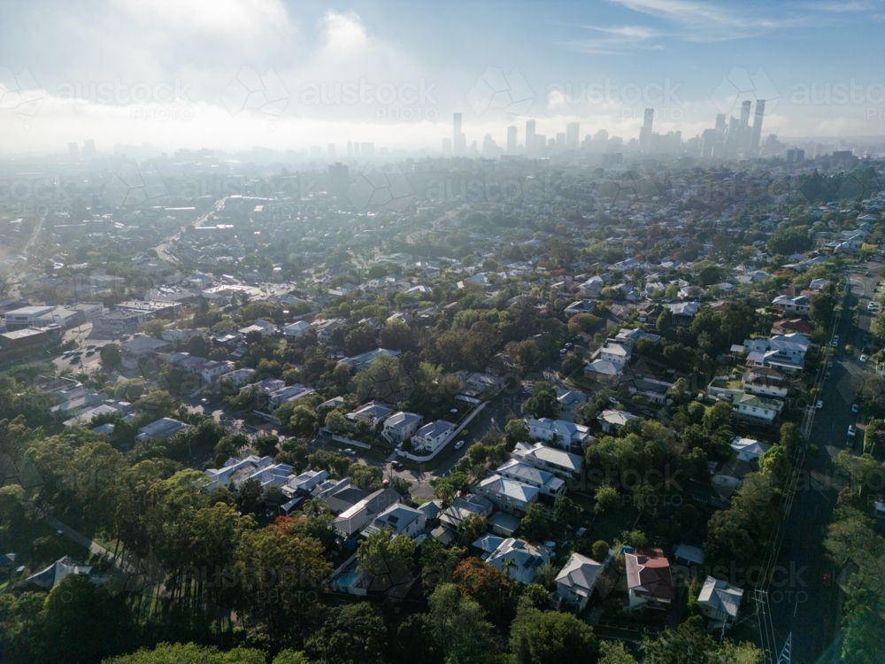 Aerial image looking towards the Brisbane CBD from the northern suburb of Ashgrove - Australian Stock Image