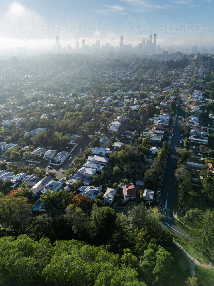 Aerial image looking towards the Brisbane CBD from the northern suburb of Ashgrove - Australian Stock Image
