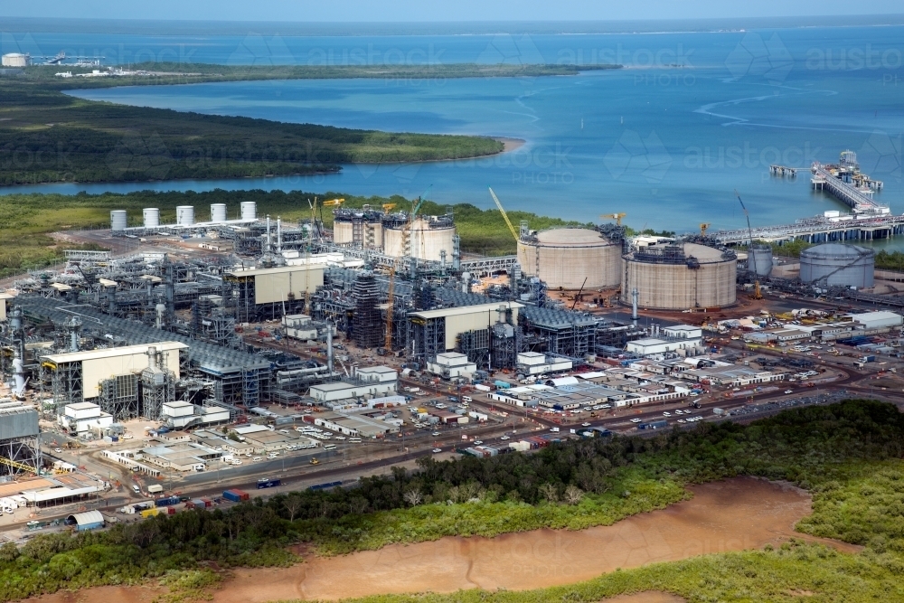 Aerial image of industrial plant in construction on the harbour - Australian Stock Image