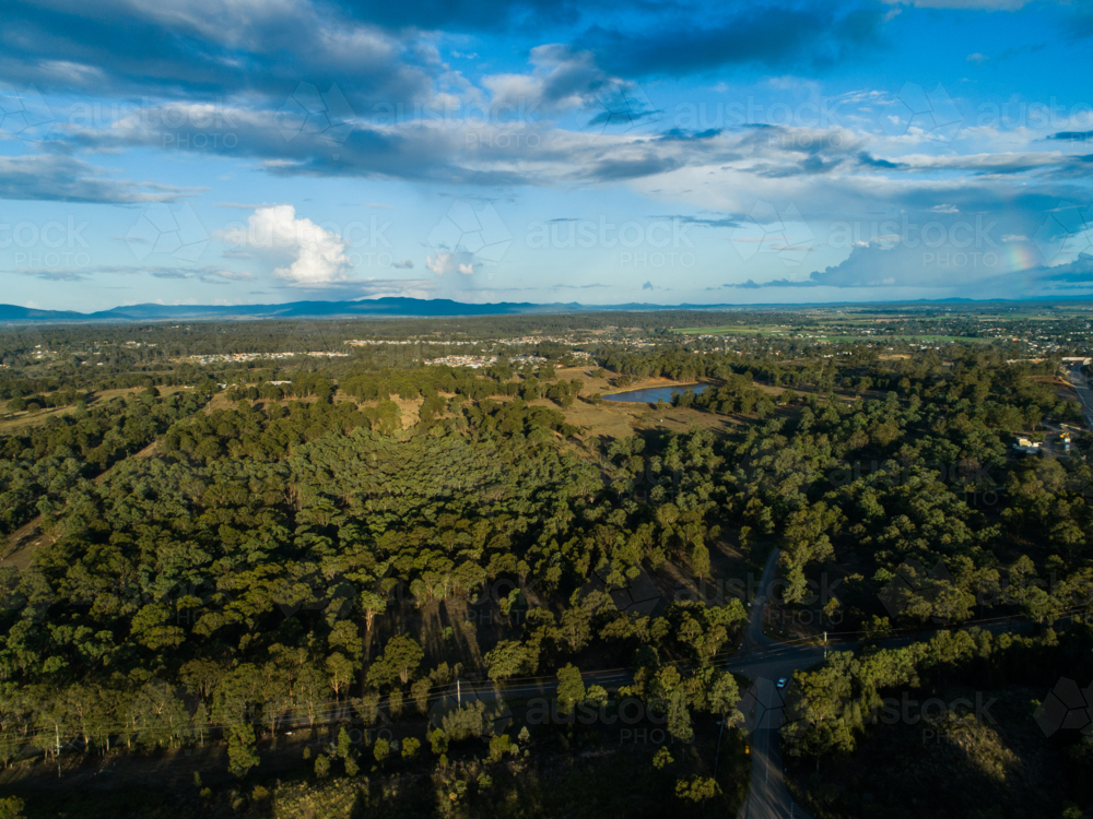 Aerial landscape looking over treetops near singleton - Australian Stock Image