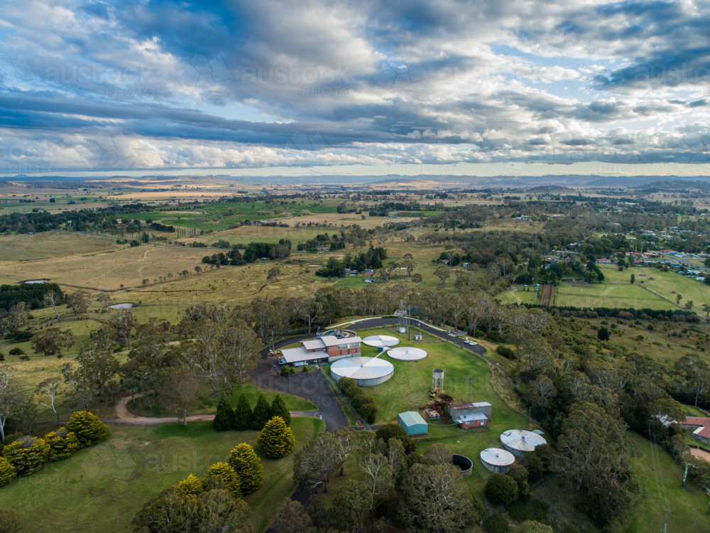 Aerial landscape of farmland around rural town of Glen Innes NSW tablelands - Australian Stock Image