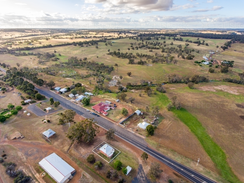 Aerial landscape of small country town with vast horizon - Australian Stock Image